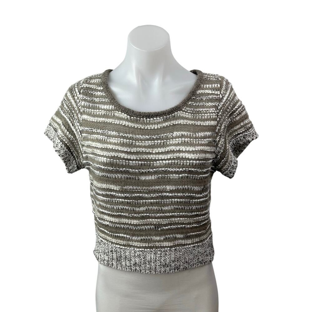 Nyunyu Women's Beige Knit Short Sleeve Round Neck Sweater Crop Top One Size